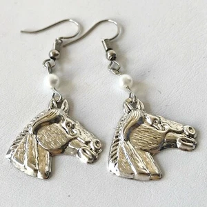 Silver Horse Head Earrings White Pearl Country Western Cowgirl Dangle Plated - Picture 1 of 8