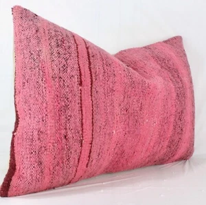 Decorative Handmade Overdyed Kilim Lumbar Pillow Cover 16x24 Pink Kilim Cushion - Picture 1 of 9