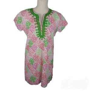 Top It Off Floral Tunic Dress Small Pink & Green -V-Neck -Short Sleeves-Short - Picture 1 of 12