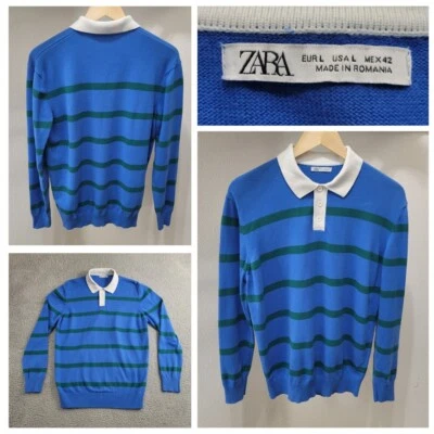 ZARA Rugby Polo Sweater Men's Large Blue Green Stripe Light Weight Excellent - Image 1 of 4