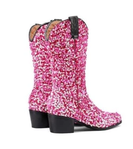 Sequins Ankle Boots Mid Block Heel Pointy Toe Pull on Casual Womens Cowboy Shoes - Picture 1 of 26