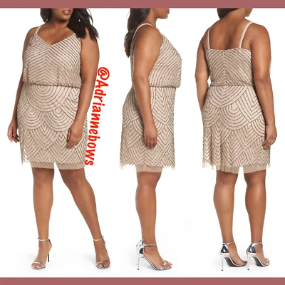 NEW Adrianna Papell Beaded Mesh Blouson Dress in Taupe Pink [PLUS SZ 20W ] #N73 - Image 1 of 4