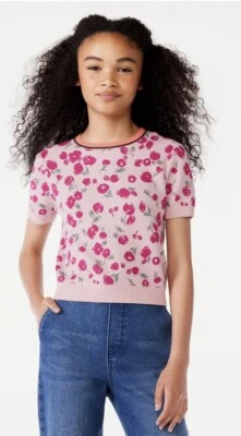 Free Assembly Girls Short Sleeve Intarsia Sweater Top L (10/12) Flowers - Image 1 of 4