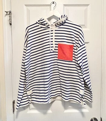 NWT J. Crew Patch Pocket Rugby Hoodie Nautical Blue White Striped Women's Size L - Image 1 of 4
