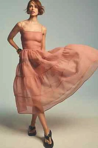 NWT Anthropologie OhSevenDays Tiered Sheer Midi Dress Sz MP Petites Peach #MB424 - Picture 1 of 13
