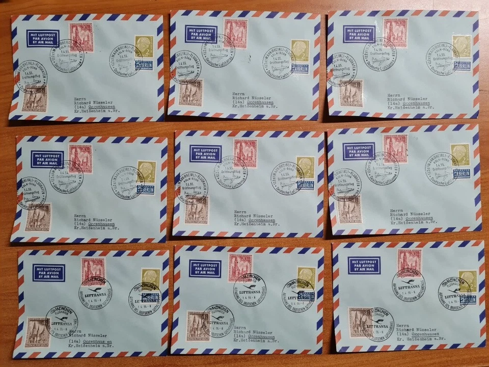 11 St.Flugpost-Eröffnung des Deutsch.Luftverkehrs 1955 KW  ca. 1.200 € - Bild 1 von 1