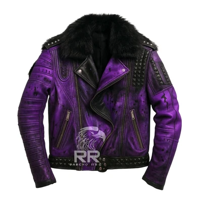 Jaqueta de motociclista de couro cravejada roxa com colarinho de pele – Premium feita à mão | Masculina F - Imagem 1 de 3
