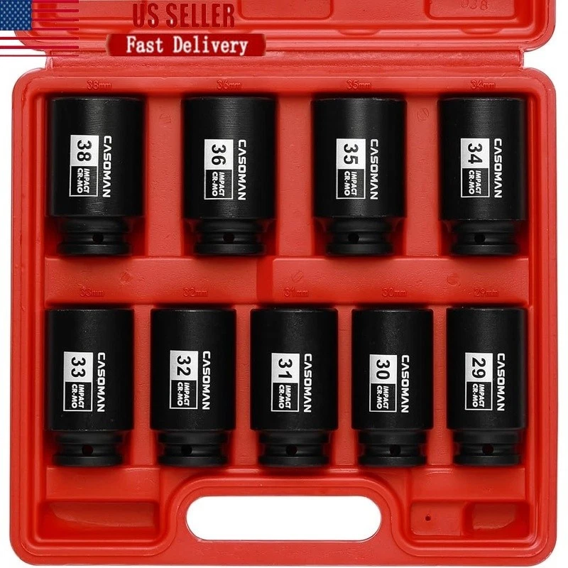 9pcs 1/2 Inch Deep Impact Socket Set Axle Nut Repair Tools Chrome Steel New - Image 1 of 4