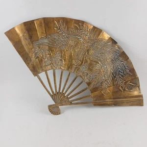 Ventaglio a mano vintage ottone massiccio stile orientale drago fenice decorazione parete 7”x11” - Foto 1 di 5