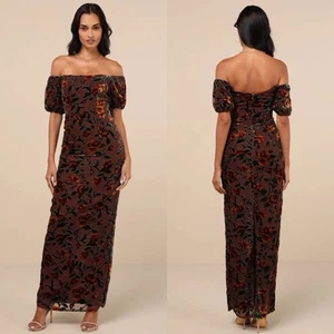 Lulus Confidently Impressive Brown Velvet Off-the-Shoulder Maxi Dress Size Large - Picture 1 of 16