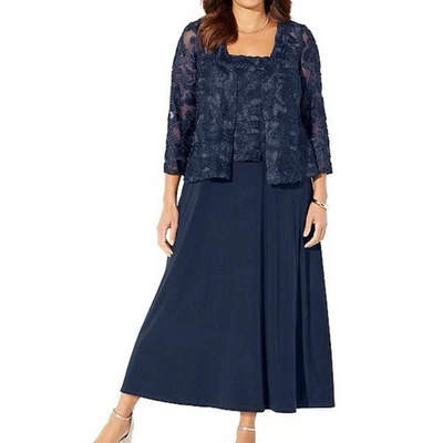 Alex Evenings Navy Blue Glitter Lace Two Piece Jacket Chiffon Midi Dress 22W - Image 1 of 4