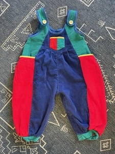 Vintage Kid Colorblock Corduroy Button Overalls Wide Leg Romper Red Blue 24M - Picture 1 of 10