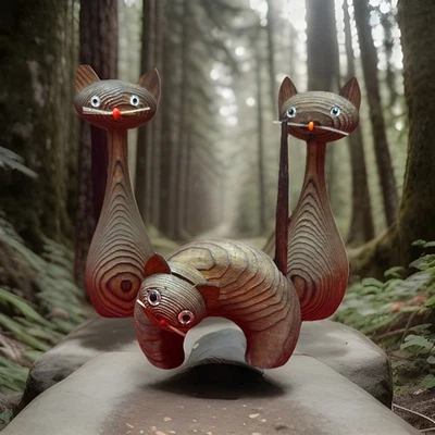 Vintage Lot 3 Pieces MCM WOODEN CRYPTOMERIA CATS 1960s Japan 5"and 4” - Image 1 of 4