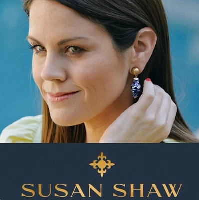 Pendientes Susan Shaw Azul Blanco Jengibre Tarro Gota Joyería Oro 24K TP Foto 1 de 4