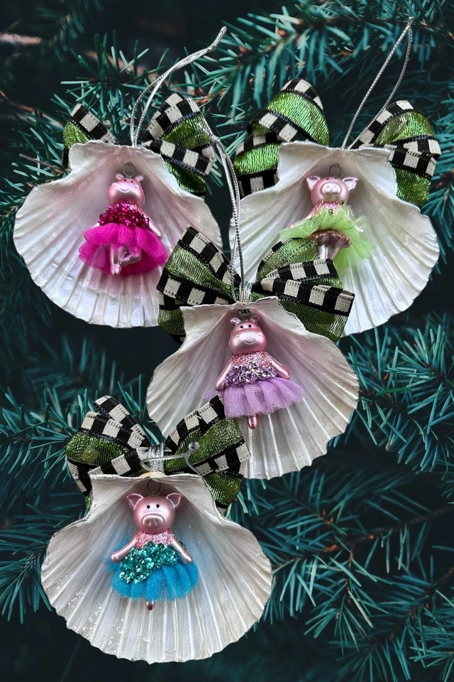 Adornos de Navidad hechos a mano concha marina - Bailarinas de cerdo e hipopótamo, juego de 4 Foto 1 de 4