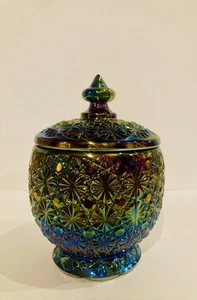 VINTAGE LE SMITH PURPLE AMETHYST CARNIVAL GLASS DAISY & BUTTON CANDY JAR & LID - Picture 1 of 4