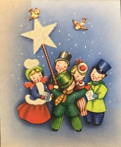 Vtg Christmas Greeting Card Carolers Singing In The Snow Flocked Star Sweet Bird - Picture 1 of 4