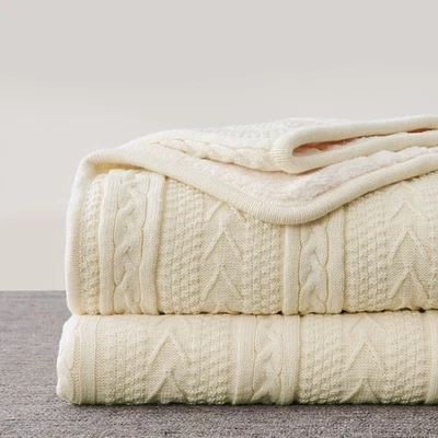 Cream 50 x 63 Inches Acrylic Cable Knit Sherpa Throw Blanket - Thick, Soft, B... - Image 1 of 4