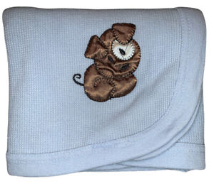 Swiggles Thermal Baby Blanket Blue Cotton Blend Brown Satin Puppy Dog 23” X 26”