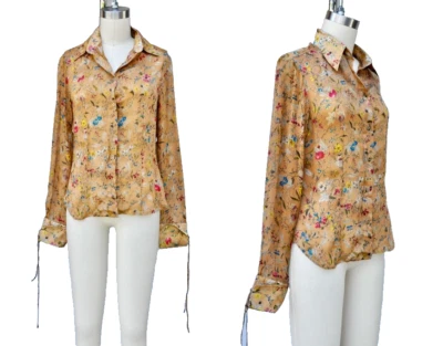 Roberto Cavalli цветочный шелк блузка рубашка на пуговицах длинные рукава чистый Италии XS - Изображение 1 из 4