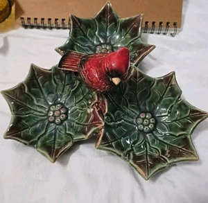 Brighten the Season Holly Leaf With Red Cardinal 3 Section Candy Nut Dish - Picture 1 of 7