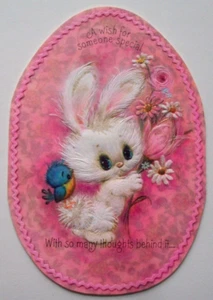 Bunny w bluebird flowers glitter embossed vintage Easter greeting card *JJ6 - Picture 1 of 3
