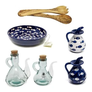 Fluted Pourers Large Bowls Olive Wood Servers Oil Vinegar Drizzlers Glass Cruet - Picture 1 of 10