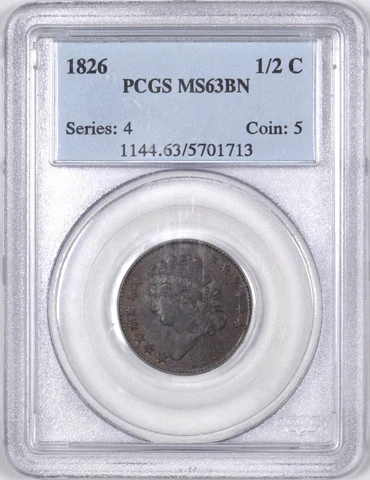 1826 Classic Head Copper Half Cent 1/2C - PCGS MS63 Brown Cover
