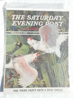 Винтажная субботняя вечерняя почтовая обложка только 3 сентября 1938 пара белых ара P10 - Изображение 1 из 2