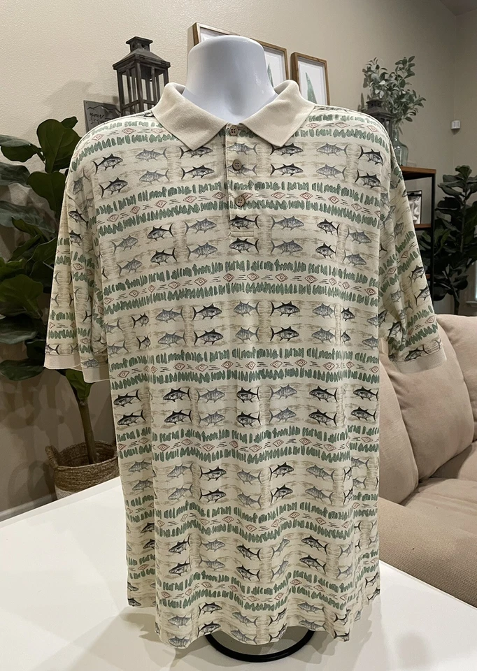 Summa Men's Short Sleeve Hawaiian Polo Shirt Fish Size XL , Cream, Green, Black - Image 1 of 4