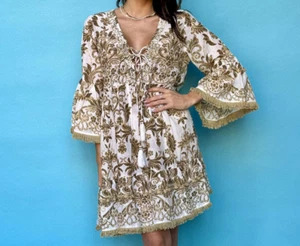 ANTICA SARTORIA 2024 TAN & WHITE V NECK TIE FRONT DRESS NWT - Picture 1 of 7