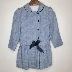Winnie The Pooh Girls Vintage Blue Houndstooth Check Bow Front Jacket Size 6 - Picture 1 of 13