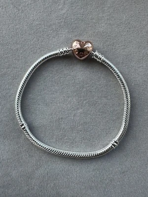 Pandora S925 Moments Signature Rose Heart Snake Charm Chain Bracelet 18cm - Image 1 of 2