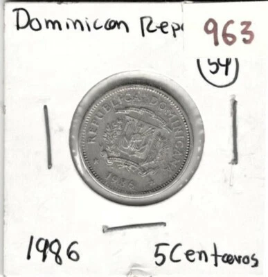  Dominican Republic, 5 Centavos 1986 (XF)  #963 - Image 1 of 2