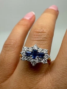18CT YELLOW GOLD BOAT RING BLUE SAPPHIRE & DIAMONDS RING 0.93CT GG366 - Picture 1 of 24