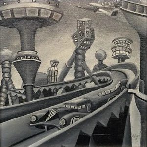 "THE FUTURE", acrylic on canvas, 8" x 8", 1973, Jetsons, Futuristic, Visionary - Picture 1 of 2