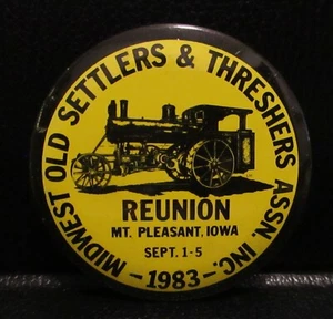 Midwest Thresher Reunion Mt Pleasant IA 1983 motor de vapor tractor pinback botón - Imagen 1 de 3