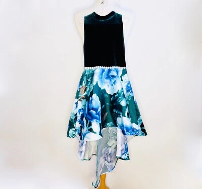Vestido de Fiesta Speechless Niñas Verde Azul Floral Alto-Bajo Mangas Talla 10 Terciopelo Foto 1 de 4