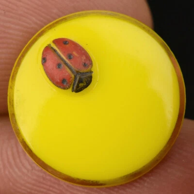 VTG Yellow Glass Kiddie Picture Sewing Button Painted Ladybug Gold Trim 11/16" - Image 1 of 4