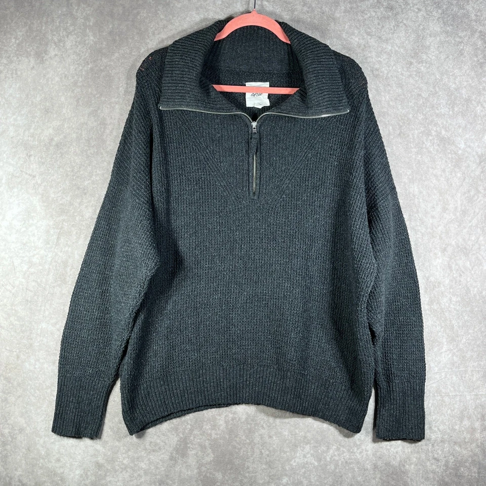 Aerie Sweater Womens Medium Gray Knit Half Zip Pullover Mock Neck Long Sleeves - Image 1 of 4