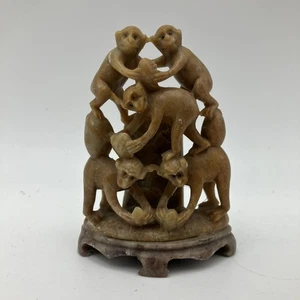 Vintage Soap Stone Carving Of 5 Monkies. Intricate Monkey Ornament - Picture 1 of 10