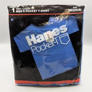 Vintage 1986 HANES 100% Cotton Men's Pocket T-Shirt Medium Blue Sealed - Picture 1 of 3
