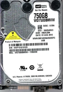 WD7500BMVW-11S5XS0 S/N: WXP1C DCM: HB0VJBN WD 750GB MALAYSIA AUG 2012 - Picture 1 of 1