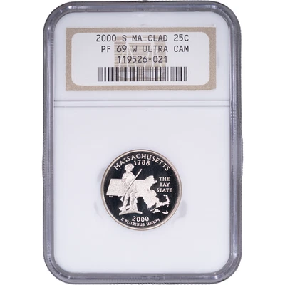 2000-S Clad Massachusetts State Quarter - Proof ~ NGC PF 69 ULTRA CAMEO - Image 1 of 2