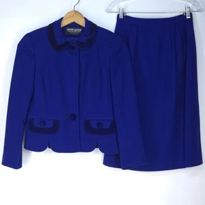 Conjunto de traje falda de lana azul real Herbert Grossman para mujer 4 EE. UU. ribete de terciopelo vintage - Imagen 1 de 22
