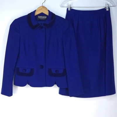 Herbert Grossman Royal Blue Wool Skirt Suit Set Womens 4 USA Velvet Trim Vintage - Image 1 of 4