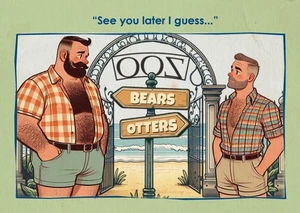 Gay postcard inspired by vintage British saucy seaside humour: Otter & Bear - Picture 1 of 2