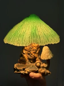 Vintage Magic Mushroom Lamp Coral Shade/Burl Wood GREEN- Tested/Works RARE 8” - Picture 1 of 24