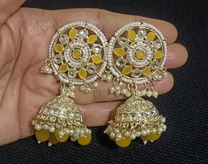 Indian Bollywood Pearl Jhumka Kundan Earring Yellow Bridal Wedding Jewelry - Picture 1 of 4