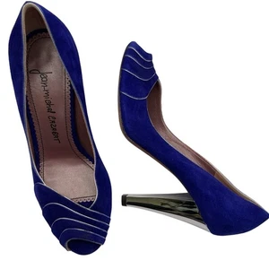 Jean Michel Cazabat Size 6 Suede Leather High Heels Royal Blue Silver Peep Toe - Picture 1 of 8